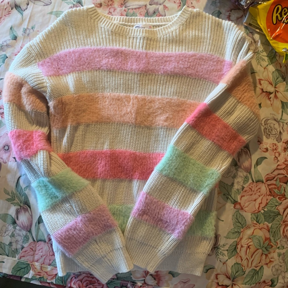 Epic Threads Cream Sweater with Pink, Peach & Mint Stripes Size XL